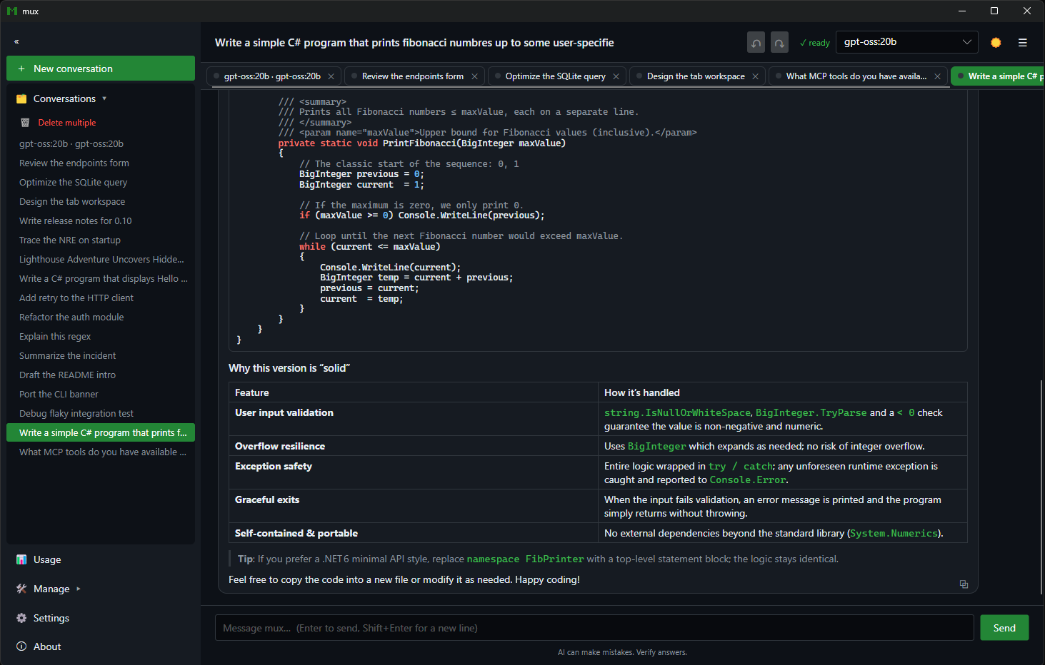 mux desktop app showing a tabbed chat with syntax-highlighted C# code and a comparison table