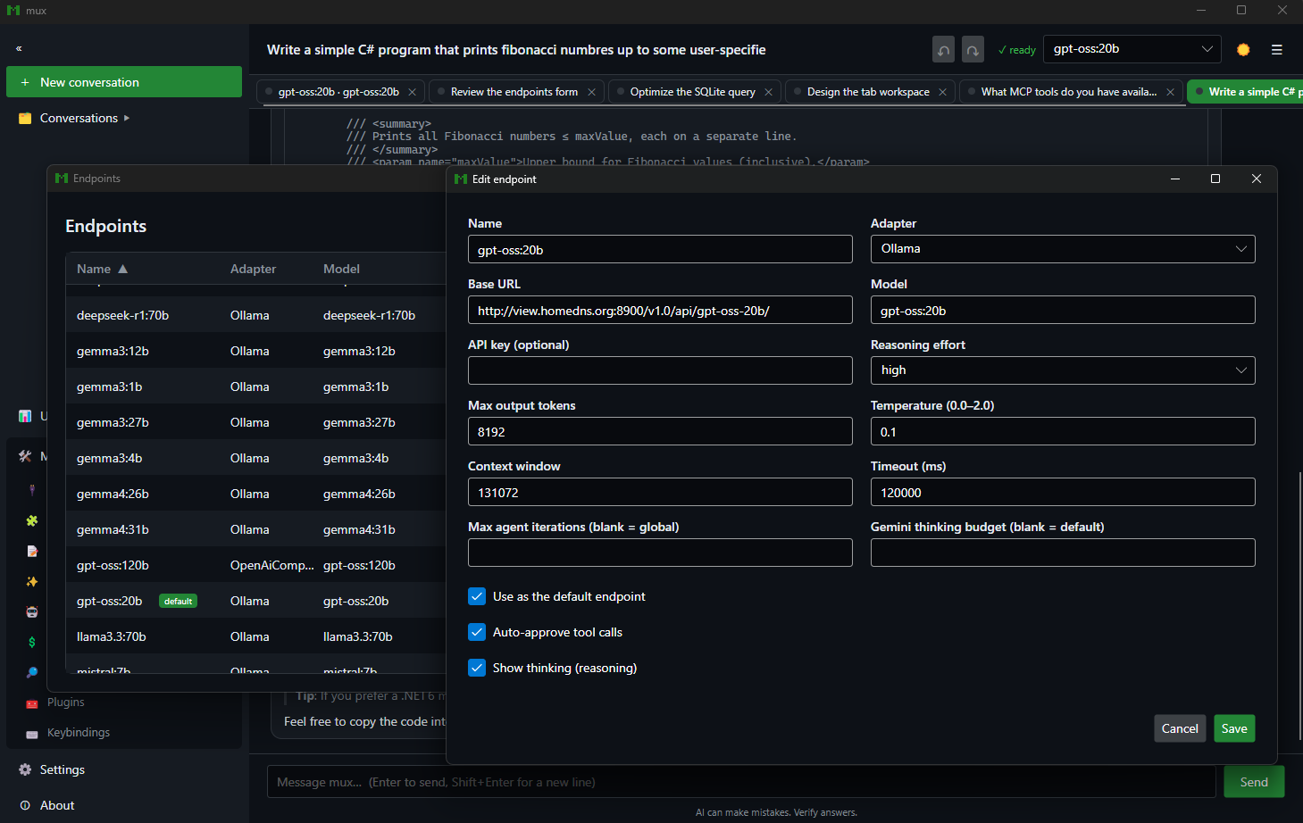 mux desktop app Edit endpoint dialog alongside the endpoints list