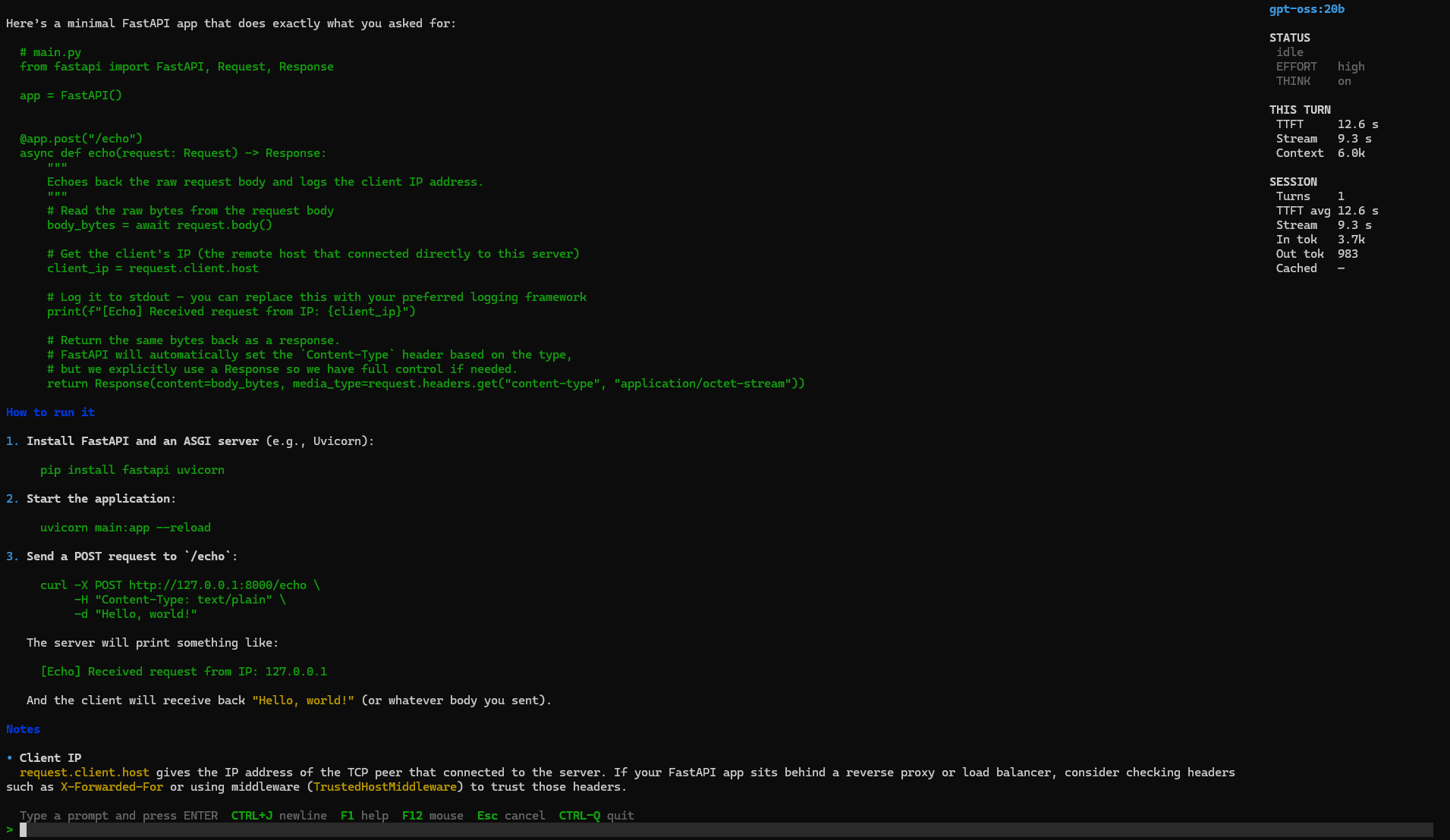 mux terminal UI generating a FastAPI app with a live session sidebar showing effort, TTFT, and token stats