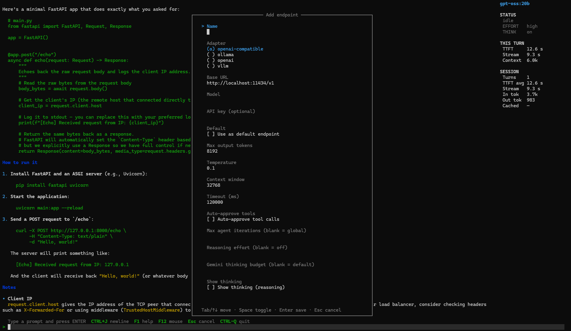 mux terminal UI Add endpoint form with adapter, base URL, model, and reasoning effort fields
