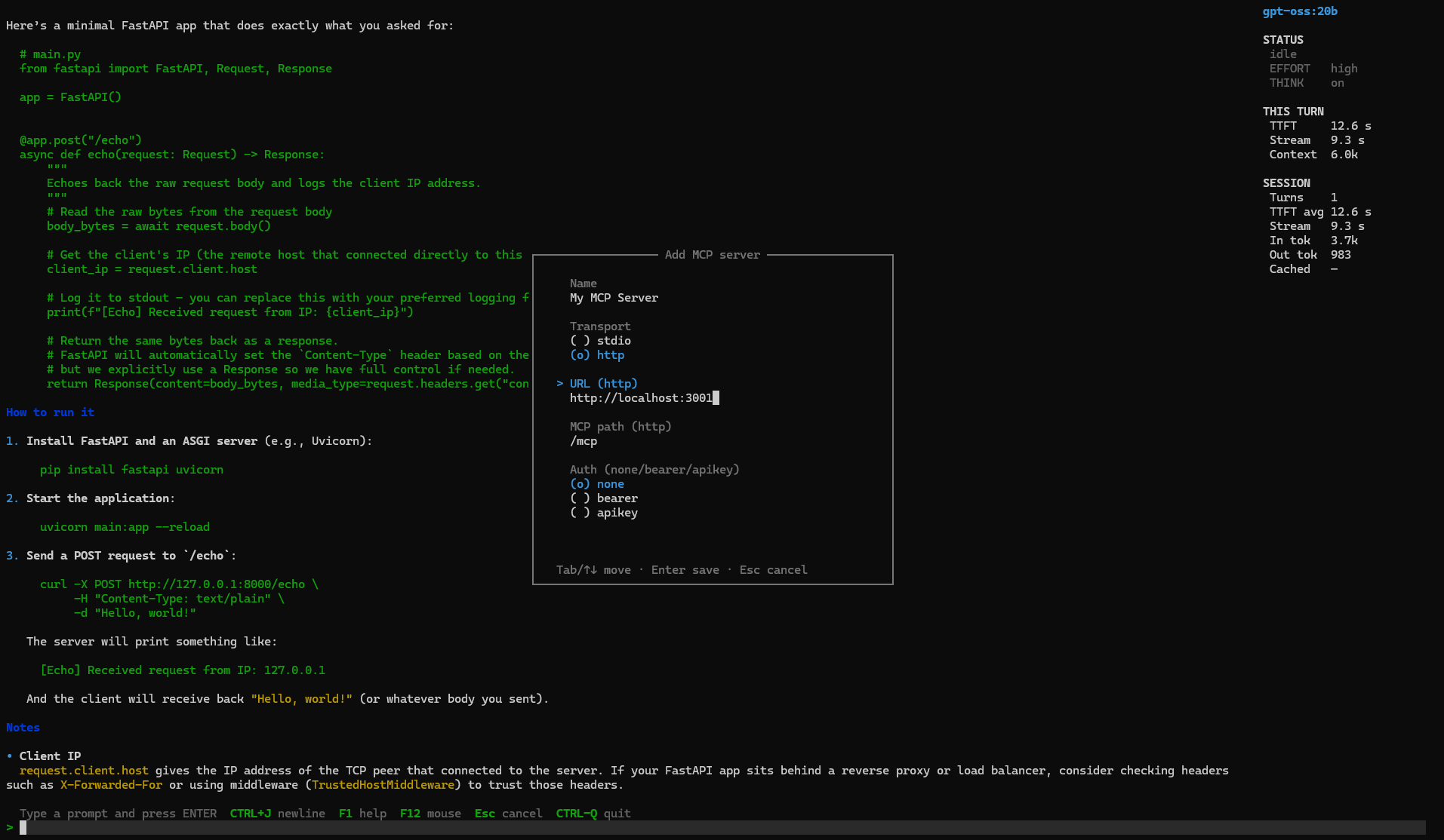 mux terminal UI Add MCP server form with transport, URL, path, and auth fields