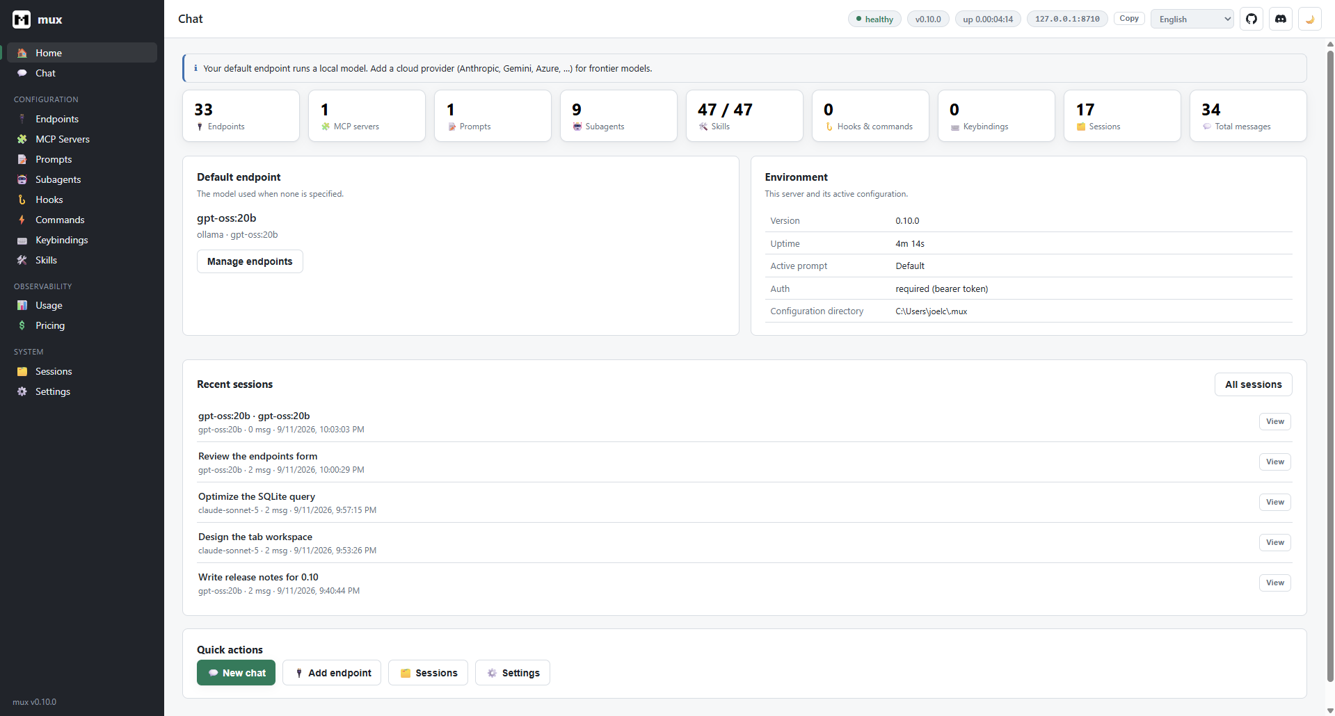 mux web dashboard home showing counts for endpoints, MCP servers, prompts, subagents, skills, hooks, and sessions